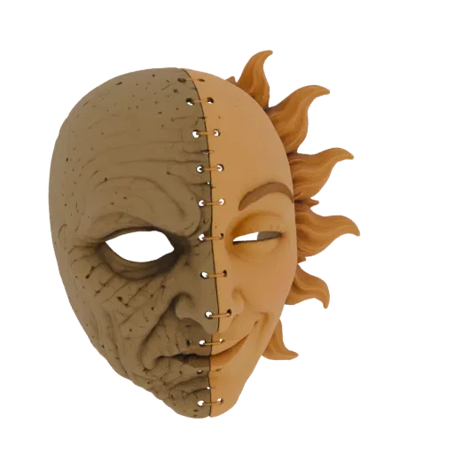 3D model of a split face mask, one side aged and wrinkled, the other youthful with sun rays, stitched down the middle.