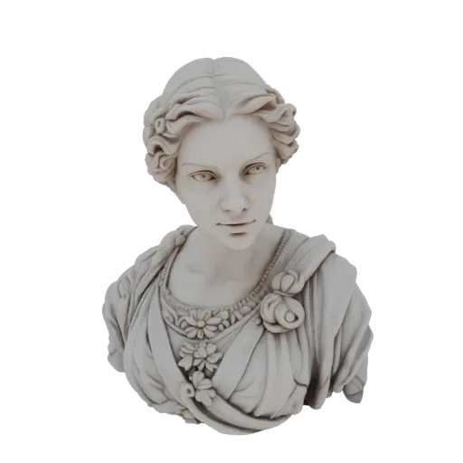 Modelo 3D de um busto de mulher clássica com cabelo e drapeado intrincados, renderizado em uma textura semelhante a mármore.