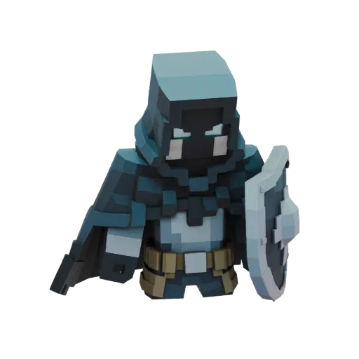 3D model of a blocky shadow warrior wearing a hood and armor, holding a shield.