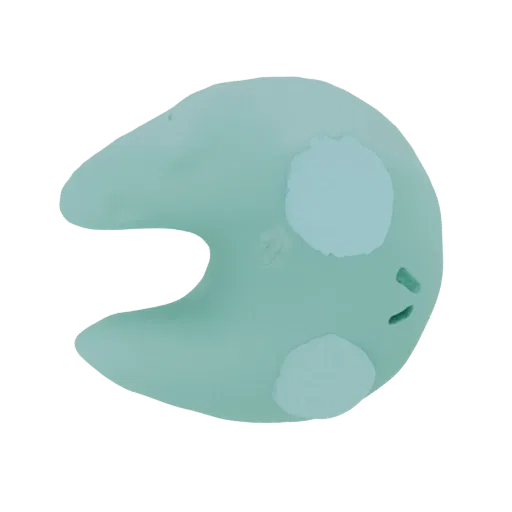 Un rendering 3D di una simpatica creatura blob blu con corpo arrotondato e tratti facciali sottili, presentato su sfondo bian
