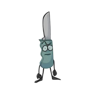 Modèle 3D d'un personnage couteau cartoon avec une expression de colère, corps de manche turquoise et membres noirs, debout s