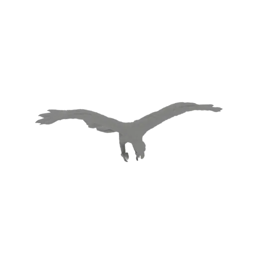 A grey 3D model of an eagle in mid-flight with wings spread wide and talons extended.