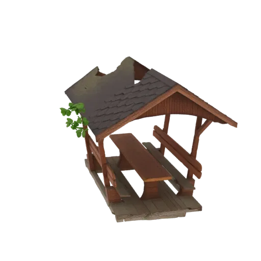 3D model of a rustic wooden gazebo with a picnic table and benches, featuring a weathered roof and natural wood textures.