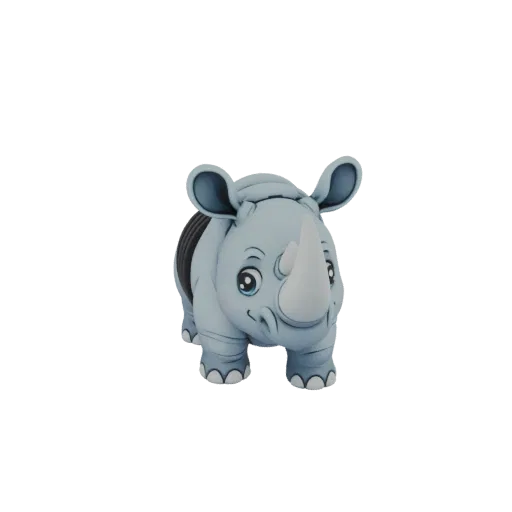Un rendu 3D d'un rhinocéros de dessin animé mignon, bleu clair, avec de grands yeux et une expression amicale, debout sur fon