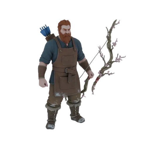 3D model of a Viking archer with a red beard, leather apron, and a bow decorated with cherry blossoms, set against a black ba