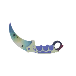 A 3D render of a karambit knife with a blue and yellow gradient blade featuring spider graphics, and a purple and green textu