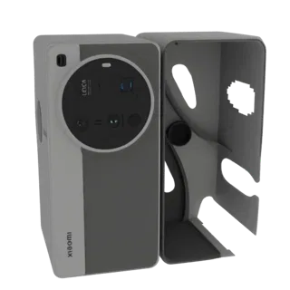 3D model of a Leica camera module next to its protective case, showcasing detailed lens and case design.