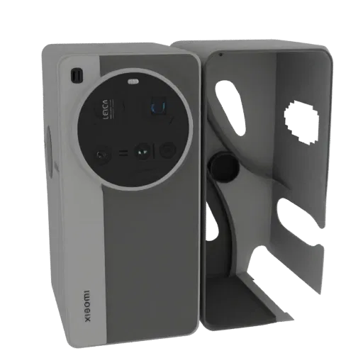 3D model of a Leica camera module next to its protective case, showcasing detailed lens and case design.