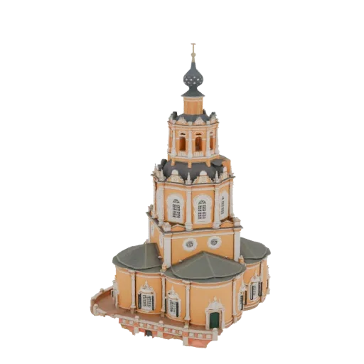 3D model of a yellow and grey Baroque church bell tower with an onion dome and cross, set against a white background.