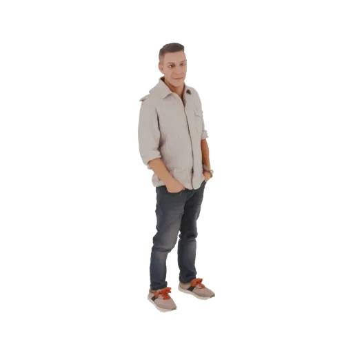 Modèle 3D d'un homme en chemise rayée et jean, debout décontracté, mains dans les poches.