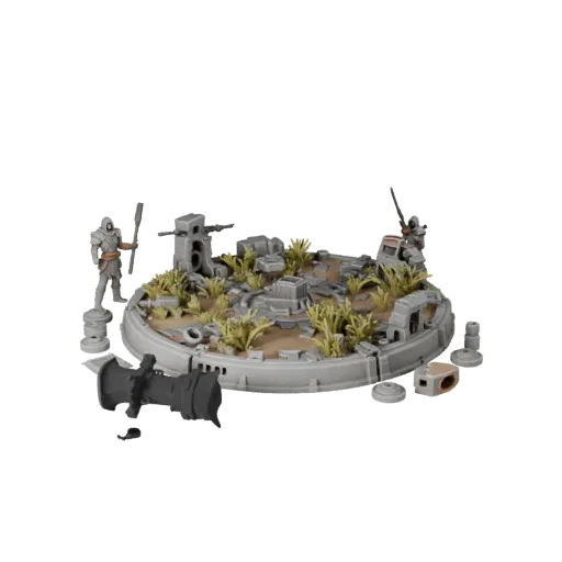 Ruined Scenic Base modular kit 3D model preview showing rim shape, top-down kitbash view, height and ground texture
