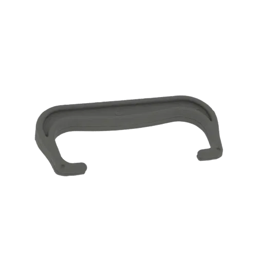 A 3D model of a gray, curved handle with a smooth, ergonomic design, presented on a white background.