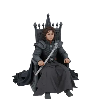 Modelo 3D de Jon Snow sentado en el Trono de Hierro, mirando al frente con una espada cruzada sobre su regazo, armadura y tro