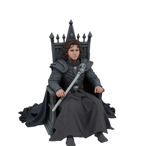 Modelo 3D de Jon Snow sentado no Trono de Ferro, olhando para frente com uma espada no colo, armadura e trono detalhados.