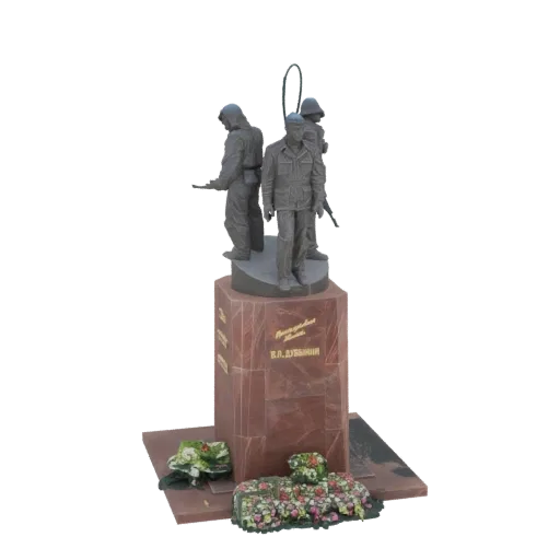 Modèle 3D du Monument aux liquidateurs de la catastrophe de Tchernobyl, montrant trois figures sur une base en granit avec de