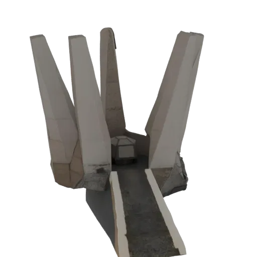 3D render of a futuristic monolithic entrance with three tall, angular pillars surrounding a central geometric structure, set