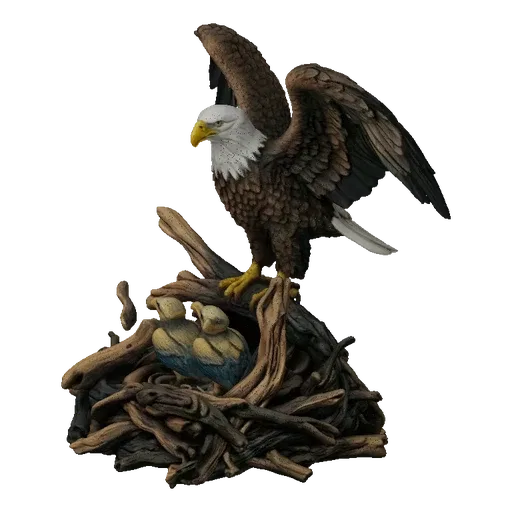 3D model of a bald eagle with wings spread, standing over two chicks in a detailed nest made of twigs and branches.