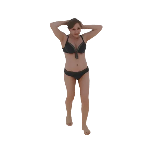Modelo 3D de mujer en bikini negro, de pie con las manos detrás de la cabeza, sobre fondo blanco.
