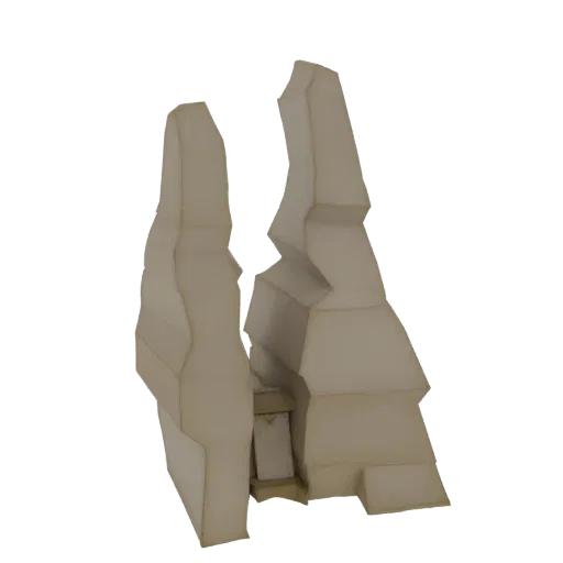 Modelo 3D de uma entrada de arco de pedra antiga e desgastada com um pequeno altar no recesso, contra um fundo preto.