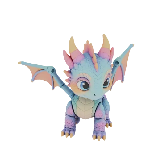 A 3D render of a cute baby dragon with pastel rainbow scales, large blue eyes, and delicate wings, posed on a white backgroun
