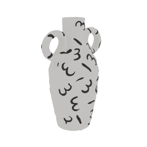 Modello 3D di un vaso bianco con motivi doodle neri, con due manici e forma anfora classica.