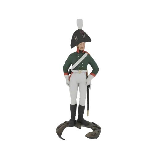 3D model of a 19th-century Prussian Grenadier in uniform, standing on a textured base, with a shako hat and sword.