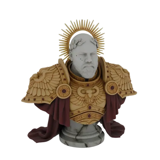 3D render of a detailed bust of a regal emperor with golden armor, a crimson cape, and a radiant halo, on a marble base.