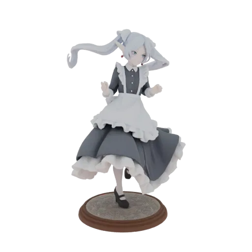 3D model of an anime elf maid with white pigtails, wearing a grey and white maid outfit, standing on a circular base.