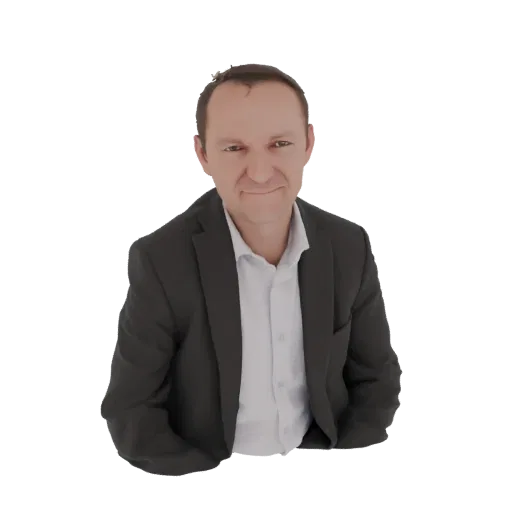 3D model of a smiling man in a dark suit and white shirt, looking directly at the camera.