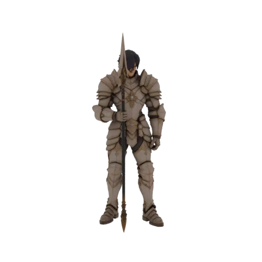 3D model of a fantasy knight in ornate light-colored armor, holding a spear, with a dark background.