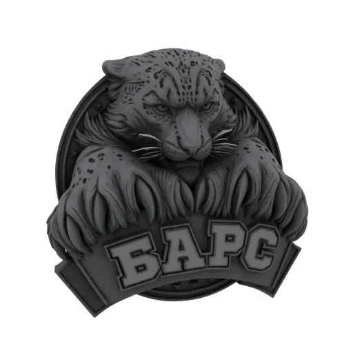 3D model of a fierce snow leopard with bared teeth and claws, set against a circular emblem with the Cyrillic text 'BARS' bel