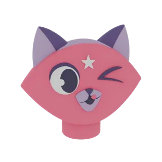 Modelo 3D de cabeza de gato rosa con orejas moradas, guiñando, una estrella blanca en la frente y una pequeña lengua afuera.
