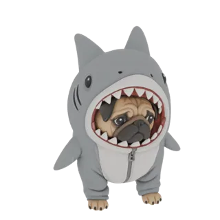 Modello 3D di un cane carlino che indossa un costume da squalo grigio, con la testa che spunta dalla bocca aperta dello squal