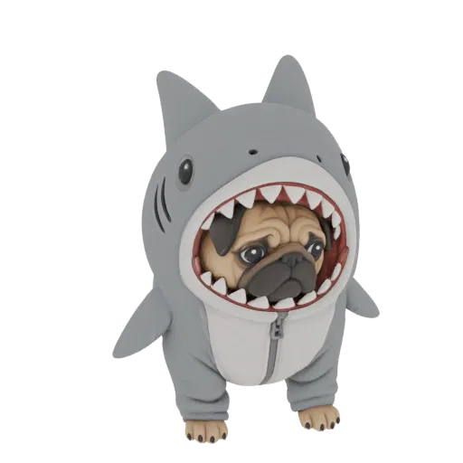 Modello 3D di un cane carlino che indossa un costume da squalo grigio, con la testa che spunta dalla bocca aperta dello squal