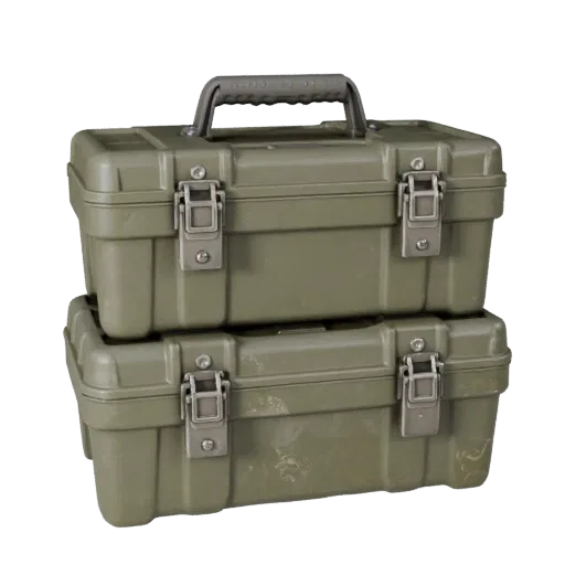 Military Style Toolbox Realistic 3D model, three-quarter studio render, showing plastic, usable openings.