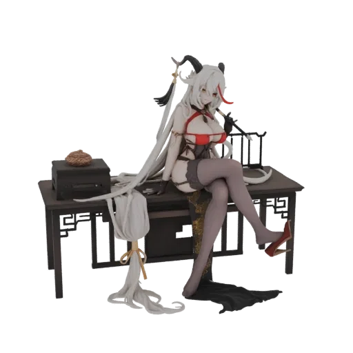 Modèle 3D d'une figure féminine démoniaque aux cheveux blancs, cornes et lingerie rouge, assise sur une table en bois sombre.