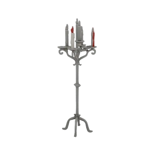 A detailed 3D model of a tall, ornate Gothic candelabra with a tripod base and multiple candle holders, rendered in a stone-l