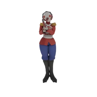 Figurine 3D de soldat casse-noisette en uniforme rouge, pantalon bleu et bottes noires, tenant un fusil.
