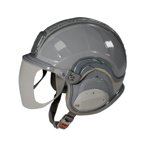 Modello 3D stilizzato Casco Stile Soccorso, rendering isometrico stilizzato, con scudi trasparenti, silhouette protettiva.