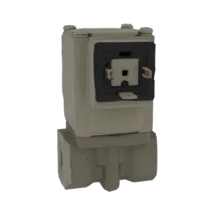 Modèle 3D d'un connecteur électrique industriel gris avec un joint noir et une base de montage, isolé sur fond blanc.