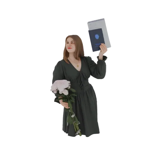 Modello 3D di una donna in abito verde scuro che tiene fiori rosa e un libro, guarda di lato con un leggero sorriso.