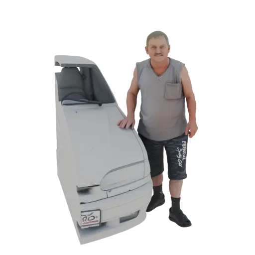 3D model of a man in a grey vest and shorts standing next to the front of a white car.