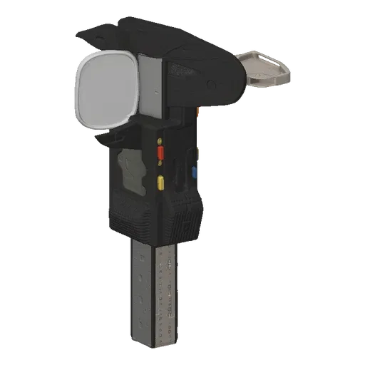 3D model of a black and gray digital caliper with a prominent extended jaw, set against a black background.