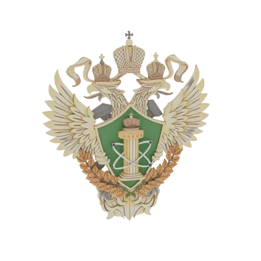 3D model of the Russian double-headed eagle emblem with two crowns, a central shield with an atomic symbol, and a laurel wrea