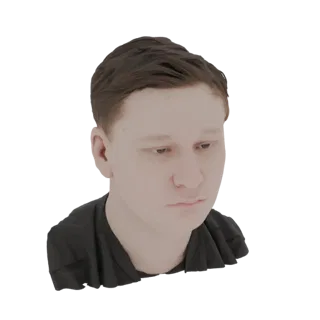 Render modello 3D di un giovane uomo con capelli castani, che guarda in basso con espressione neutra, indossa una maglietta n