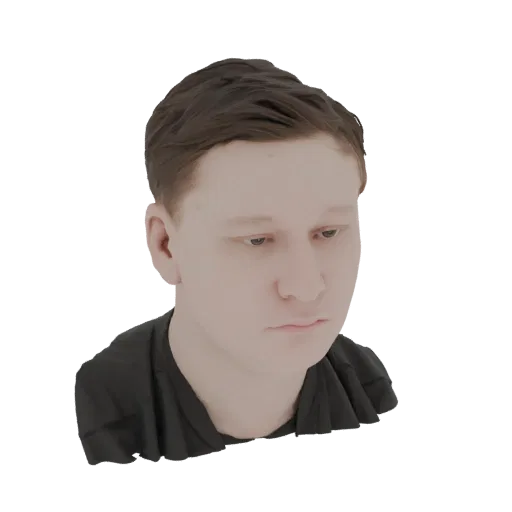 3D model render of a young man with brown hair, looking down with a neutral expression, wearing a black t-shirt.