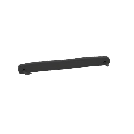 3D model of a dark gray metal lever with hook-shaped ends, presented against a black background.