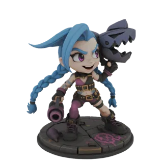 Ein 3D-Modell von Chibi Jinx aus League of Legends, die ihren Fishbones-Raketenwerfer hält und auf einer thematischen Basis s