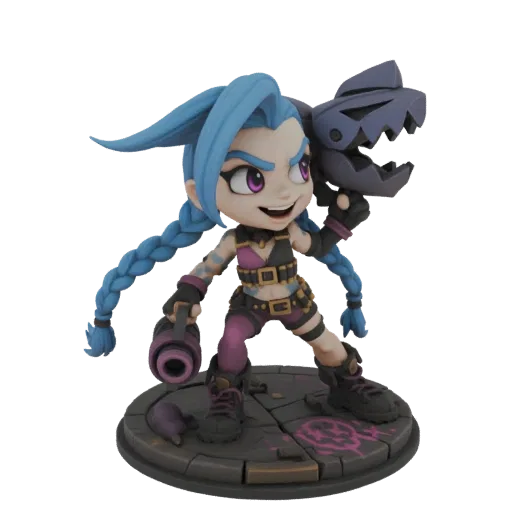 Un modello 3D di Chibi Jinx da League of Legends, che impugna il suo lanciarazzi Fishbones, in piedi su una base a tema.