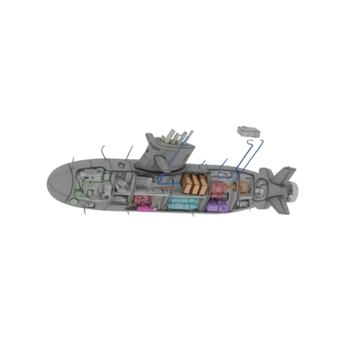 Cutaway 3D model of a submarine interior, showing cargo, engines, pipes, and other machinery in detail.